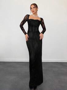 Aloruh 女士新款性感S形蕾丝长袖紧身胸衣美人鱼连衣裙，适合派对、约会、晚会 - 黑色 - 查看 3