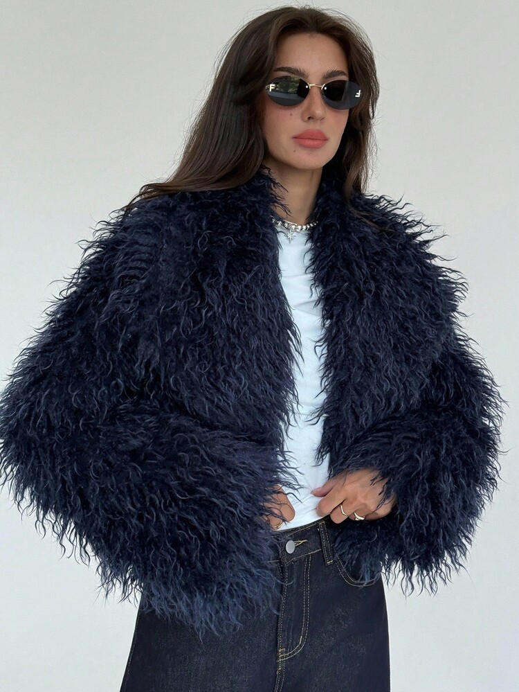 Aloruh Nuevo abrigo de estilo vintage con solapa ancha y peludo en otoño/invierno - Azul Marino - Añade 7