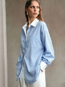 Arave Women's Plain Rhinestone Fabric, Dropped Shoulder Style, Shirt Collar Contrast Color Design, Daily Commuting Long Sleeve Shirt Going Out Tops Women Back To School Clothes Office Outfits For Women Striped Shirt Casual Outfits Spring