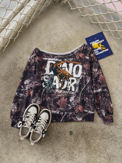 Discovery X SHEIN 女士休闲时尚街头恐龙骷髅与枫叶印花不对称领口宽松运动衫，春秋季