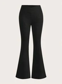 SHEIN EZwear 2件套女士黑灰色腰部交叉设计紧身休闲喇叭裤套装 - 黑色 - 查看 7