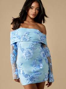 MISSGUIDED Floral Embroidered Bardot Mini Dress Off Shoulder Long Sheer Sleeves Formal Evening Party Wedding Guest Special Occasion Spring Summer - Baby Blue - View 5