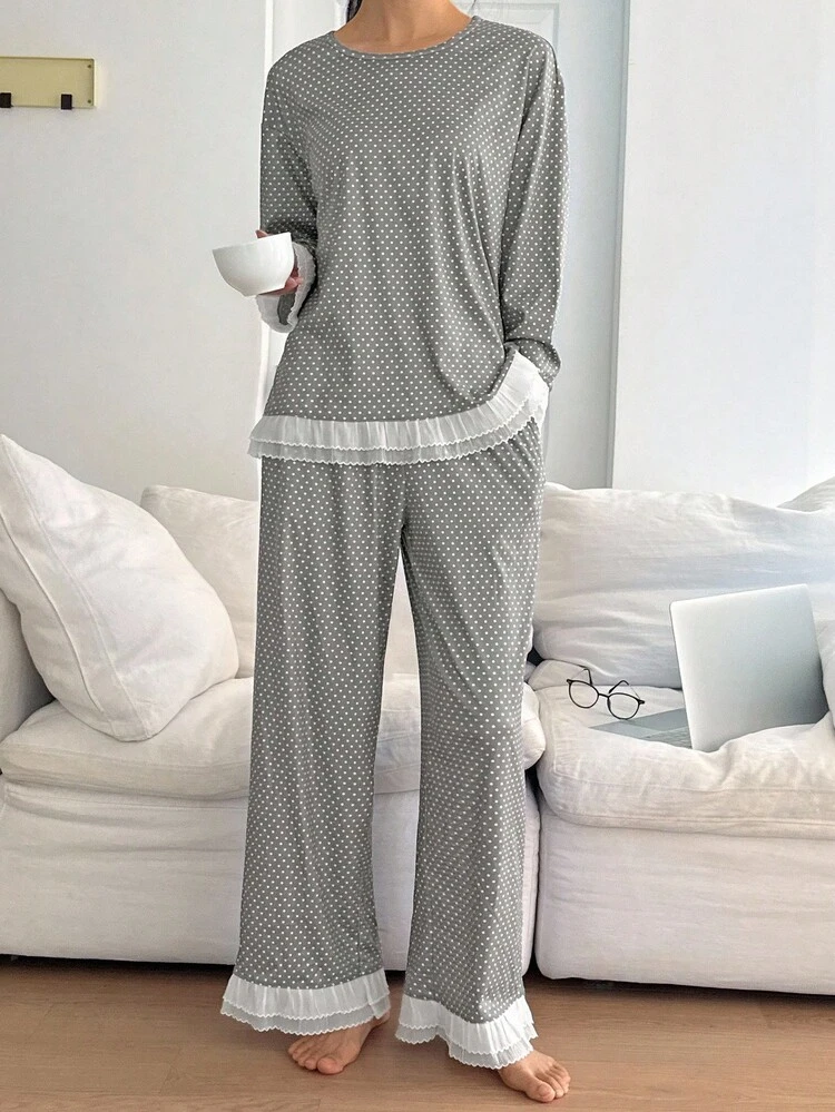 Polka Dot Allover Print Trim Patchwork Loose Women Pajama Set, Fall Clothes
