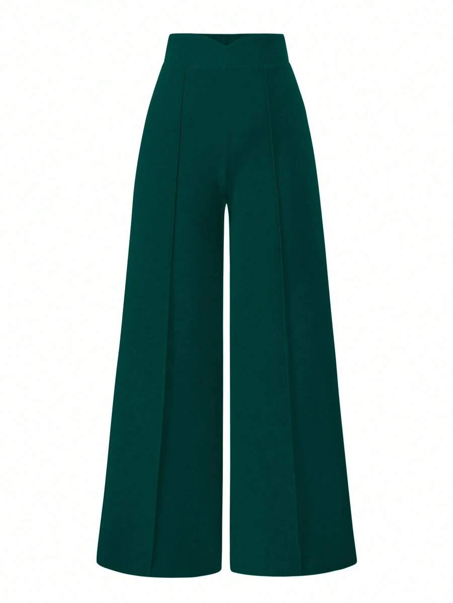 Sweetra 女士纯色高腰直筒宽松优雅裤 - 墨綠色 - 查看 1