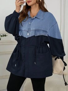 SHEIN CURVE+ 大码女式撞色落肩长袖抽绳腰休闲牛仔夹克 - 藍色 - 查看 5