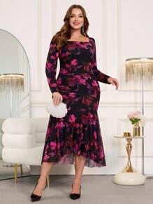 Gownix Plus Size Women's Black Floral Print Elastic Mesh Midi Bodycon Dress,Elegant Autumn Formal Evening Wedding Dresses,Date Night Outfit Festival Clothes - Multicolor - View 7