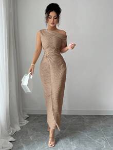 Modelyn 女式无袖金属纹理装饰连衣裙 - 卡其色 - 查看 5