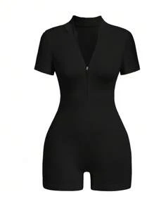 Easithlete 2PCS Women Sports Jumpsuits Zip Up Romper Rompers For Women Short Sleeve Romper Ribbed Romper Bodysuit Romper Seamless Romper Short Romper Active Romper