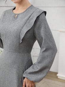 SHEIN Najma Vestido elegante de mujer con cuello redondo, bajo con volantes, mangas farol, cintura plisada y ajuste ceñido - Gris - Ver 2