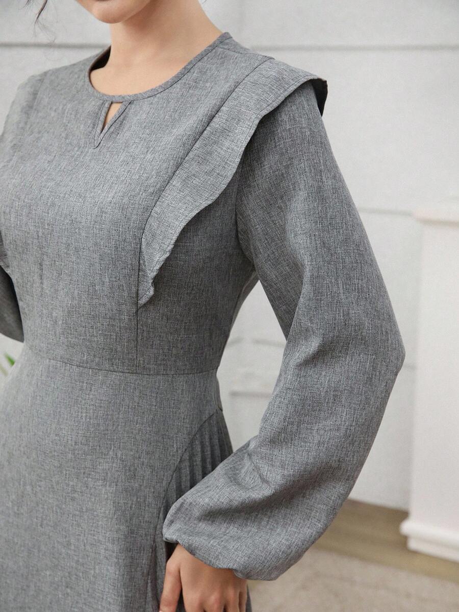 SHEIN Najma Vestido elegante de mujer con cuello redondo, bajo con volantes, mangas farol, cintura plisada y ajuste ceñido