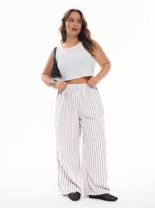 Solavibe Plus Size Striped Straight Leg Casual Pants, Minimalist & Fashionable, Suitable For Summer - Apricot - View 6