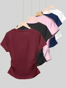 Camiseta ajustada con cintura ceñida, fruncido lateral y estampado de corazón, versátil y de moda para mujer - Burdeos - Ver 2