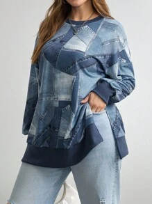 Comfylo Plus Size Casual Denim Effect Print Side Slit Sweatshirt, Fall Winter Autumn Long Sleeve Tops Going Out Tops For Women - Blue - View 4