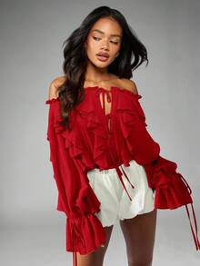 MISSGUIDED Chiffon Off-Shoulder Bodysuit mit Rüschen, Puffärmeln und Bubbleausschnitt für Partys, Festivals, Abende, festliche Anlässe, Strand und Urlaub, Sommerbekleidung