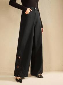 Anewsta 女士新款精致镂空刺绣显瘦高腰牛仔裤，适合情人节和母亲节穿着。 - 黑色 - 查看 7