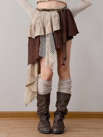 ROMWE Avant Falda corta de línea A con textura de encaje, parches y cinturón tejido, estilo vintage Mori Kei y Cottagecore con bajo asimétrico para mujer