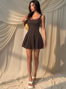 SHEIN EZwear Women's Casual Coffee Brown Knitted Sweater Dress,Fall - Coffee Brown - View 5