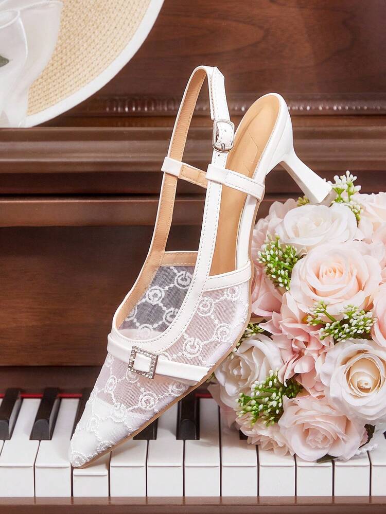 CUCCOO HITCHD Women's Pink Lace Pointed Toe Backless Pearl Bow Net Mesh High Heel Shoes