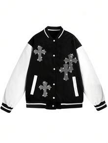 Rhinestone Cross Graphic Embellished Baseball Jacket, Women's Contrast Color Long Sleeve Casual Outerwear, Suitable For Everyday Wear Fall Winter Cloth For Women