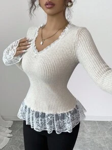 Elenzga Lace Trim Patchwork Knit Sweater, Women V-Neck Slim Fit Base Layer Pullover, Elegant & Sweet, Autumn/Winter Fall Cloth For Women - Khaki - View 6