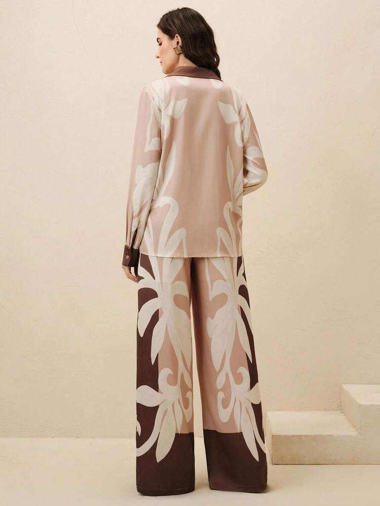2pcs Coffee Brown Fashionable Casual Chic Printed Wide Leg Pants Suit For Women, Autumn/Winter