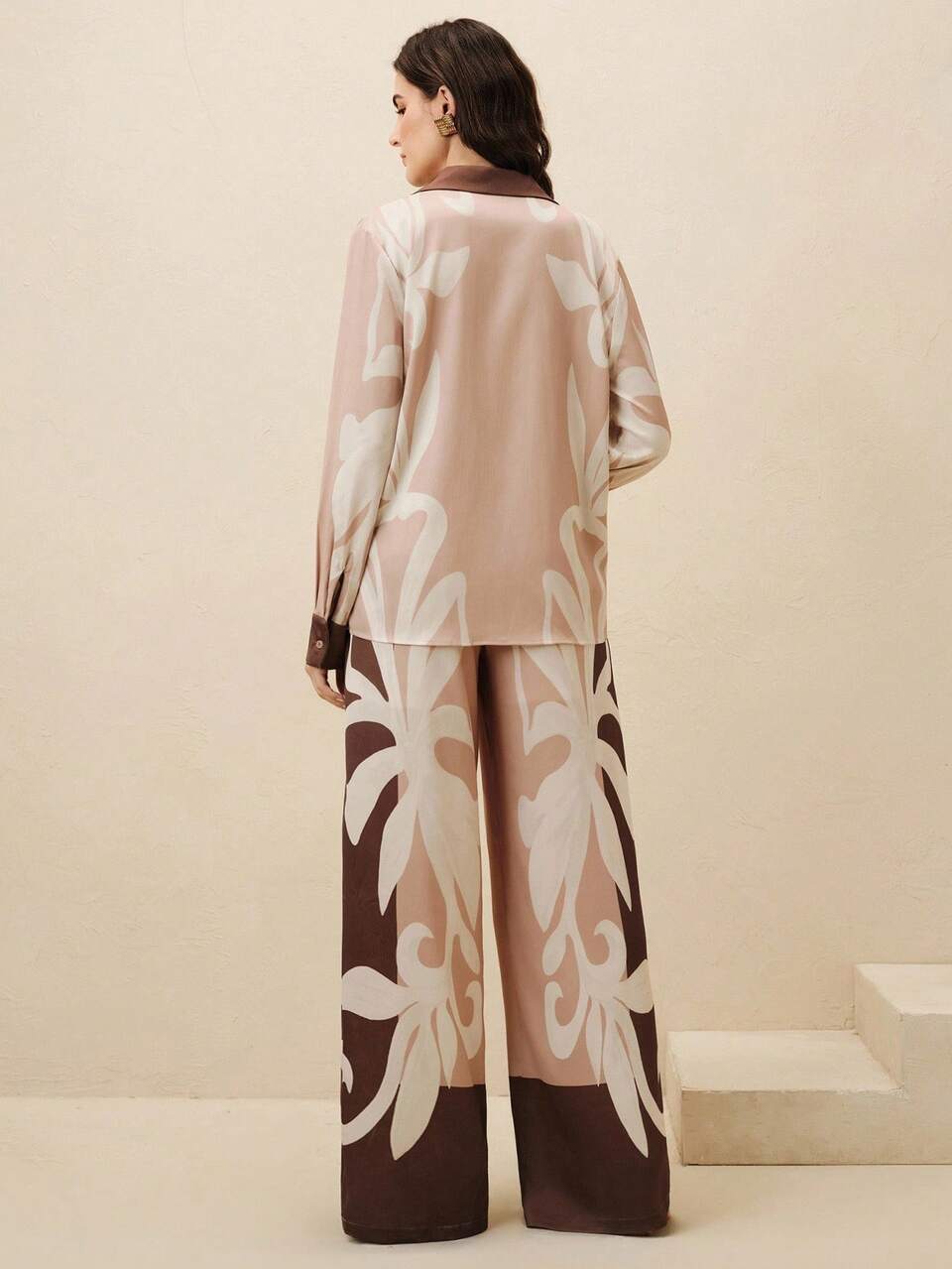2pcs Coffee Brown Fashionable Casual Chic Printed Wide Leg Pants Suit For Women, Autumn/Winter