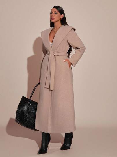 EURMUSE Casual Solid Color Women's Long Overcoat With Belt Detail