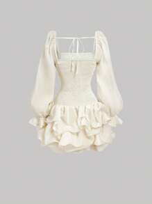 SHEIN MOD Women's Apricot Fitted Ruched Bubble Hem Organza Mini Dress, Wedding Guest Dress, Birthday Country Concert Party Dress Brunch Outfits,Classy Outfits,Tea Party Dress, Puff Sleeve Dress, Corset Dress, For Going Out