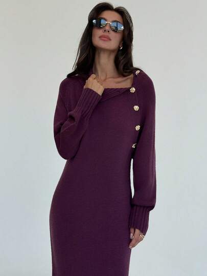 Aloruh 优雅高领蝙蝠袖长款纽扣装饰连衣裙，简约茄子紫色秋冬女装