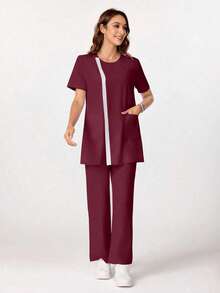 TaskEZ Lace Patchwork Casual Loose Multi-Pocket Top & High Waist Straight Leg Pants Scrub Uniform Set - Burgundy - View 4