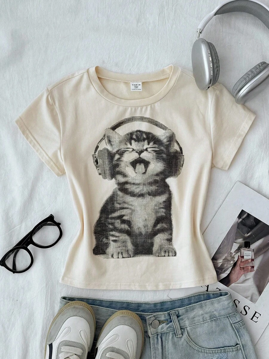 少女白色针织休闲个性修身短裤短袖圆领可爱猫咪图案印花T恤，适合居家休闲、购物、午餐、派对 - 杏色 - 查看 1