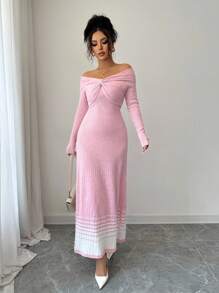 Elenzga 1 Stück Off-Shoulder gestricktes elegantes zartrosa Damen Sweaterkleid - Pink - Übersicht 4