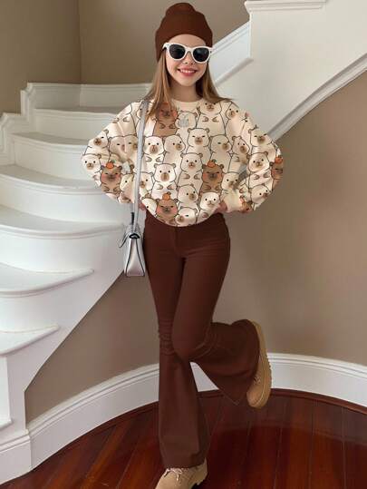 SHEIN 2pcs Teen Girls Merrily Colored Capybara Cartoon Animal Print Casual Comfortable Thick Loose Crew Neck Sweatshirt And Flare Pants Set, Suitable For Autumn & Winter, Outfits , Easy Comfort, Autumn & Winter Layers For Girls, Stylish Girls, Casual Wear, Kids Graphic Clothes, Back To School, Fall Clothes, Homecoming