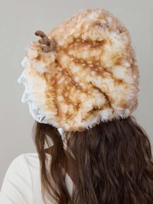 ROMWE Kawaii 1 pieza Sombrero de estilo Mori Girl con orejas de ciervo de peluche falso y encaje, sombrero con adorno de encaje, sombrero grueso y cálido para protección de orejas en invierno