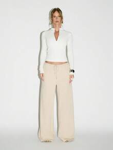 KIZN Mandarin Collar Quarter Zip Long Sleeve Fitted Crop Top Premium Jersey Material Elegant Office Party Club Evening Wear Winter Fall Collection - White - View 3