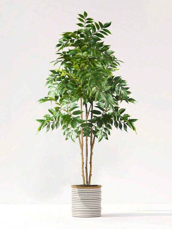 76/140cm Tropical Artificial Ficus Tree Fake Large Nandina Tree Branch Plastic Palm Tree Tall Green Banyan Plants For Home Garden Office Decor Without Pot