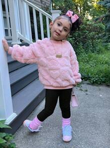 SHEIN Kids Tween Girl Casual Knit Fluffy Heart Print Pullover Sweatshirt Autumn Top And Solid Color Knit Leggings Set, Winter - Pink - View 3