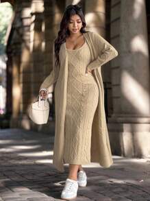 Easura Robe-pull long en tricot torsadé pour femmes grandes tailles, automne/hiver. Cardigan-pull à manches longues, décontracté chic. Convient pour la sortie, les vacances, les fêtes - Kaki - Voir 11