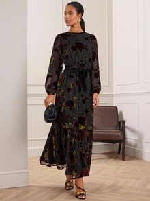 Lilora 女式休闲优雅天鹅绒连衣裙长款碎花连衣裙女式长袖长裙秋季女装天鹅绒碎花连衣裙黑色碎花长裙女式秋季服装优雅端庄 - 彩色 - 查看 2