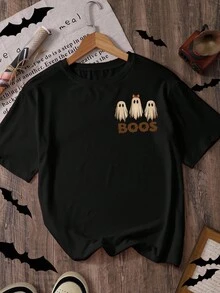 万圣节南瓜和鬼魂印花女式圆领短袖休闲T恤 - 黑色 - 查看 2