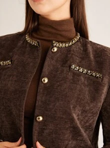 GENKIRA Crew Neck Chenille Solid Color Jacket With Rhinestone Decor On Collar, Cuffs And Front, Suitable For Daily Commute Fall Cloth For Women - Purple - View 5