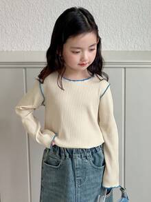 DAZY Young Girls Decorative Contrast Color Long Sleeve T-Shirt, Spring/Autumn - Beige - View 6