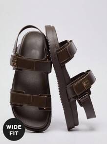 SHUZIA 宽版Most Wanted女士3厘米厚底绑带高级油面PU咖啡色凉鞋 - 金色装饰和泡泡垫 2025年春季 | 带可调节扣的奢华凉鞋 - 咖啡棕 - 查看 1