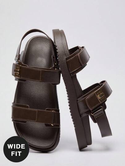 SHUZIA 宽版Most Wanted女士3厘米厚底绑带高级油面PU咖啡色凉鞋 - 金色装饰和泡泡垫 2025年春季 | 带可调节扣的奢华凉鞋