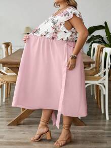 SHEIN CURVE+ Plus Size Women Floral Print Round Neck Cap Sleeve Elegant Dress, Summer Vacation Curve Summer Dresses Plus Size Summer Dresses Floral Print Summer Dress 8xl Dresses Women Summer Dresses