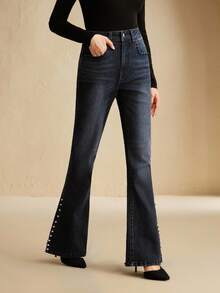 Anewsta Quần jean denim đen đính đinh tán phong cách đường phố, phù hợp cho mùa thu, thanh lịch, sang trọng, Giáng sinh, năm mới - màu đen - Xem 4