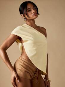 MISSGUIDED 单肩短款上衣晚会俱乐部优雅现代设计时尚女性简约不对称休闲现代夏季 - 杏色 - 查看 5