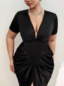 Viva Relle Robe sexy à encolure V profonde, froncée et fendue pour femmes grandes tailles - Noir - Voir 7