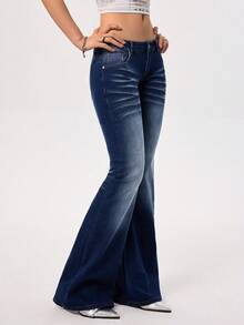 Rivivi Women's Low Waist Stretchy Denim Flare Pants - Dark Wash - View 3