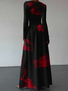 Aloruh 秋冬新款性感船领白色长袖花卉印花紧身连衣裙，适合晚会、日常外出、派对、清凉秋季